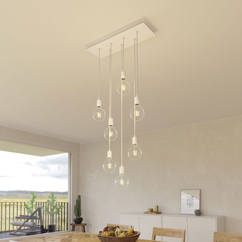 7-light pendant lamp with 675 mm rectangular XXL Rose-One, featuring fabric cable and metal finishes