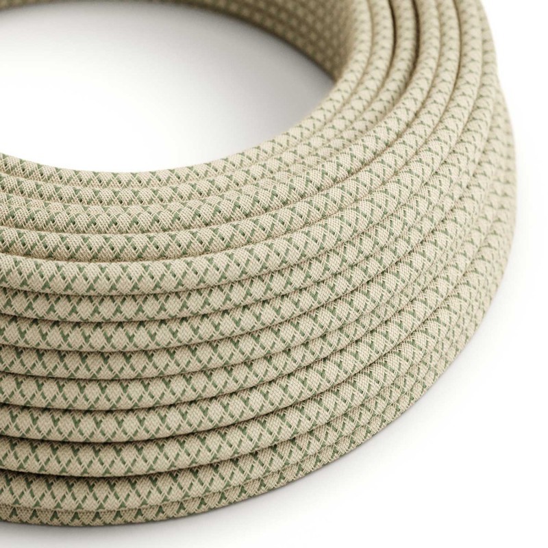 Round Electric Cable covered by Green Thyme Lozanga Cotton and Natural Linen RD62 (1 Metre)