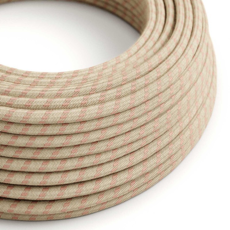 Round Electric Cable covered by Ancient Pink Stripes Cotton and Natural Linen RD51 (1 Metre)