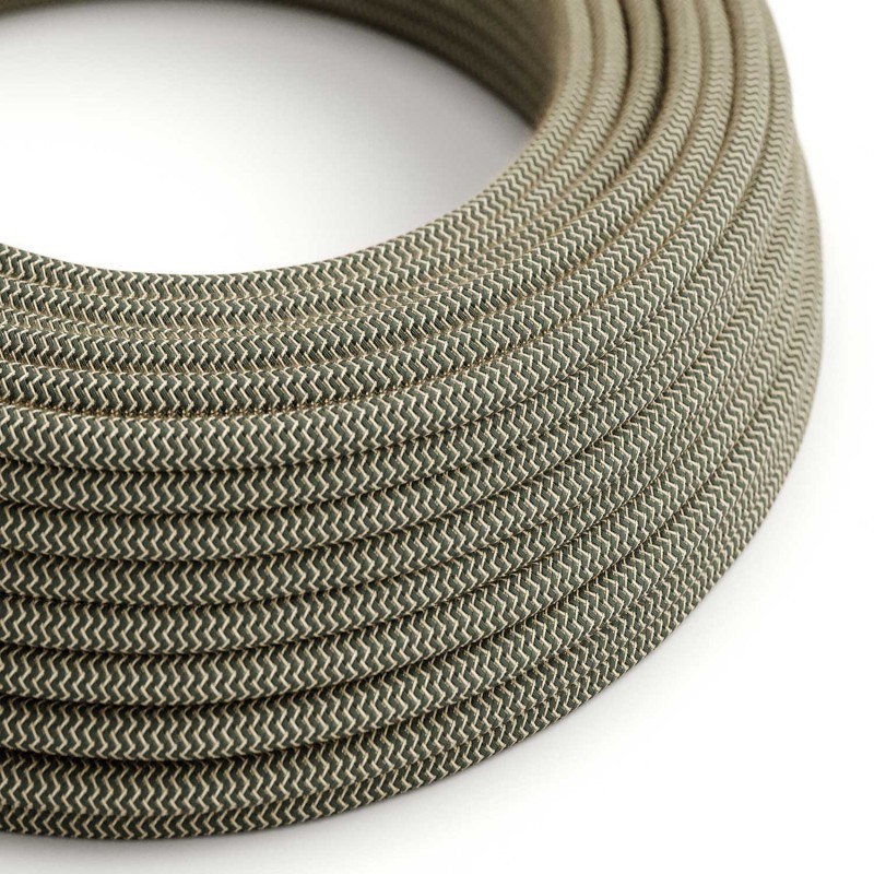 Round Electric Cable covered by Anthracite ZigZag Cotton and Natural Linen RD74 (1 Metre)