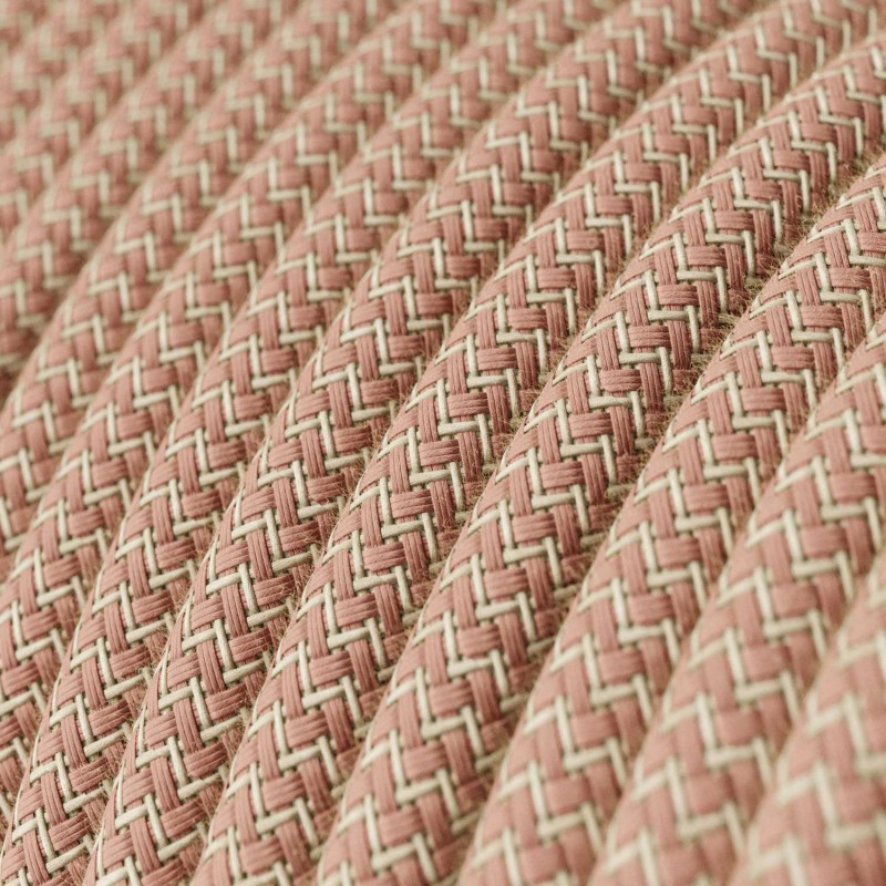 Round Electric Cable covered by Ancient Pink ZigZag Cotton and Natural Linen RD71 (1 Metre)