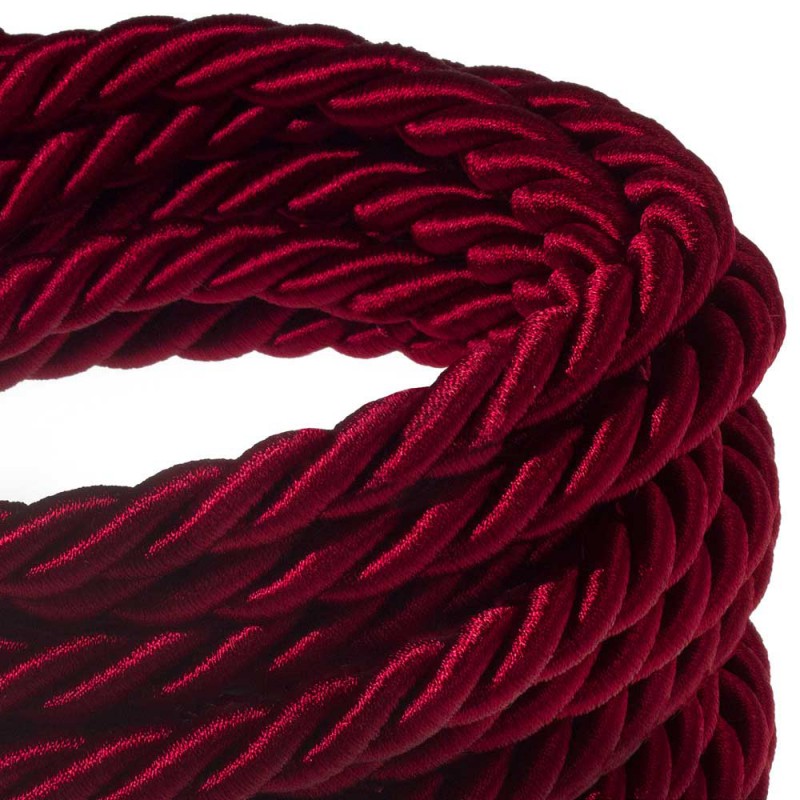 3XL electrical cord, electrical cable 3x0,75. Shiny dark bordeaux fabric covering. Diameter 30mm.