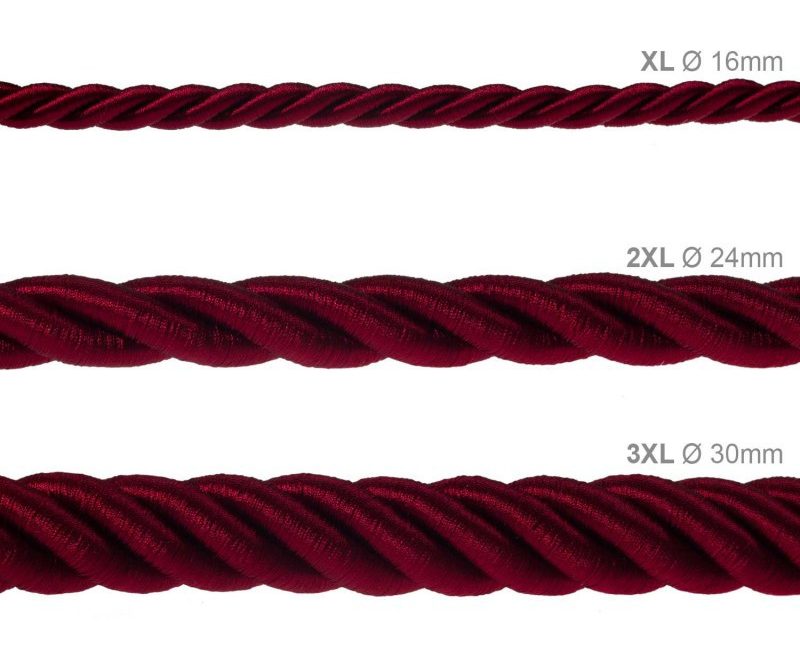 XL electrical cord, electrical cable 3x0,75. Shiny dark bordeaux fabric covering. Diameter 16mm.