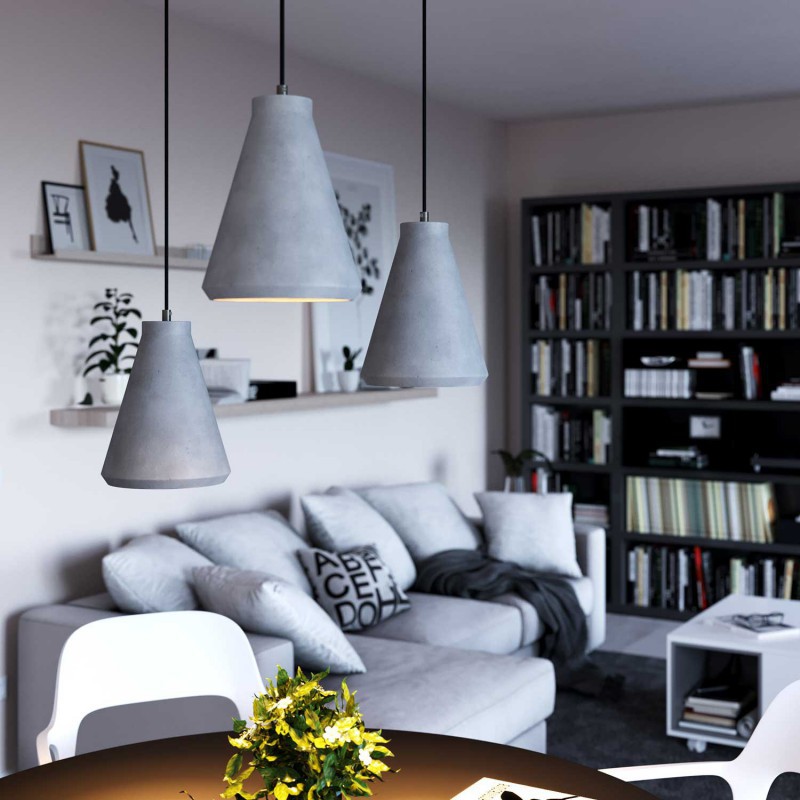 Pendant lamp with textile cable, Funnel cement lampshade and metal details - Made in Italy