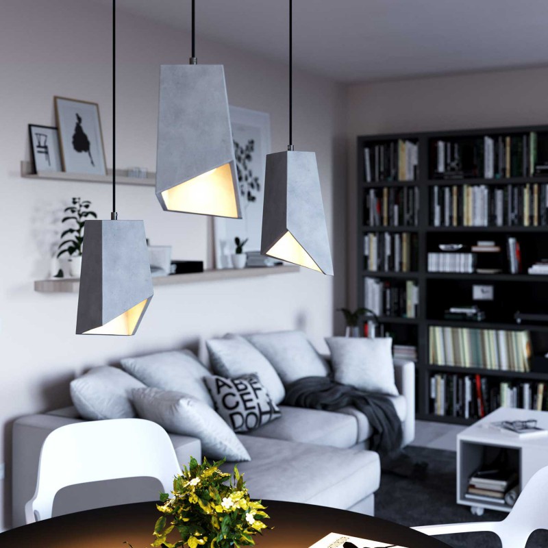 Pendant lamp with textile cable, Prisma cement lampshade and metal finishes - Made in Italy